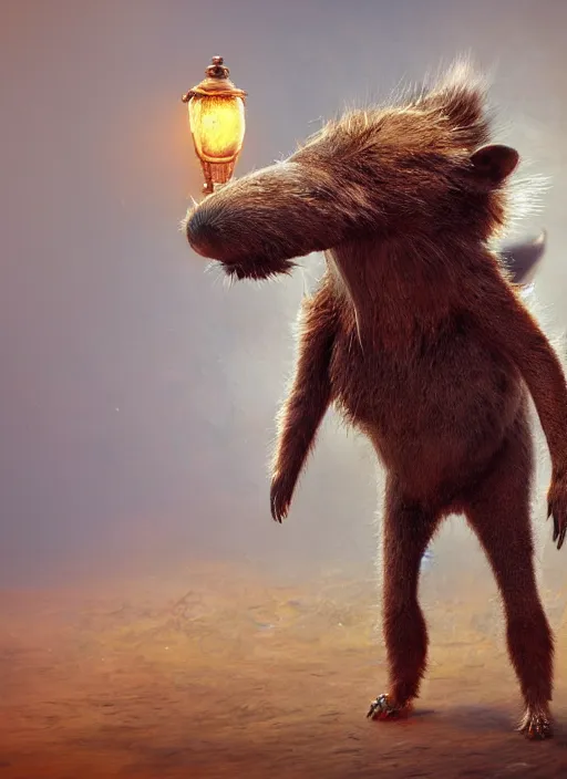 Image similar to detailed full body concept art illustration fuzzy oil painting of an anthropomorphic capybara cowboy in intricate clothing, biomutant, ultra detailed, digital art, octane render