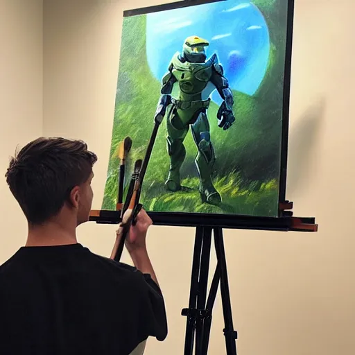 Prompt: “an award-winning sharp wide-angle photograph of Master Chief from Halo holding a paint palette and paint brush, he is standing next to a painting easel in front of a class of attentively listening alien-students. Ultra HD in 8k”