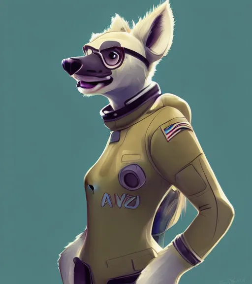 Image similar to full body digital artwork of furry female hyena, in style of zootopia, fursona, furry, furaffinity, deviantart, wearing astronaut outfit, floating in space, cyberpunk, detailed face, style of artgerm,