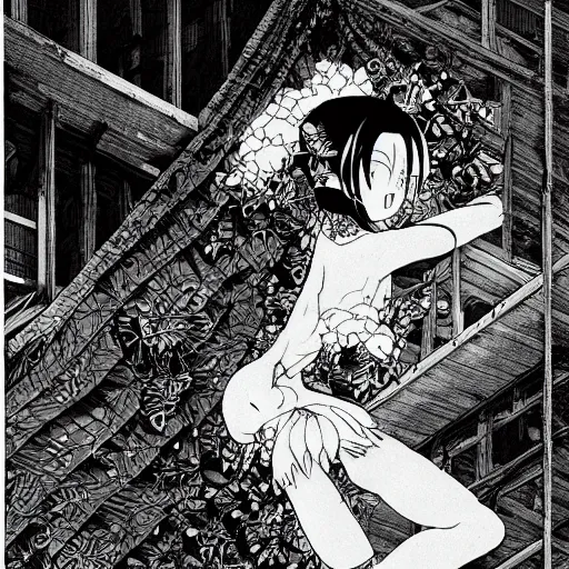 Prompt: anime girl in abandoned warehouse by katsushika hokusai, slit - scan photography, monochrome, insanely detailed and intricate, hypermaximalist, elegant, ornate, hyper realistic, super detailed