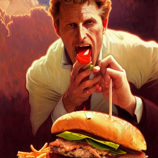 Prompt: painted portrait of ( robert stack ) biting and eating giant hamburgers, mature, handsome, fantasy, intricate, elegant, highly detailed, digital painting, artstation, concept art, sharp focus, illustration, illumination, holy ethereal light, art by gaston bussiere and alphonse mucha