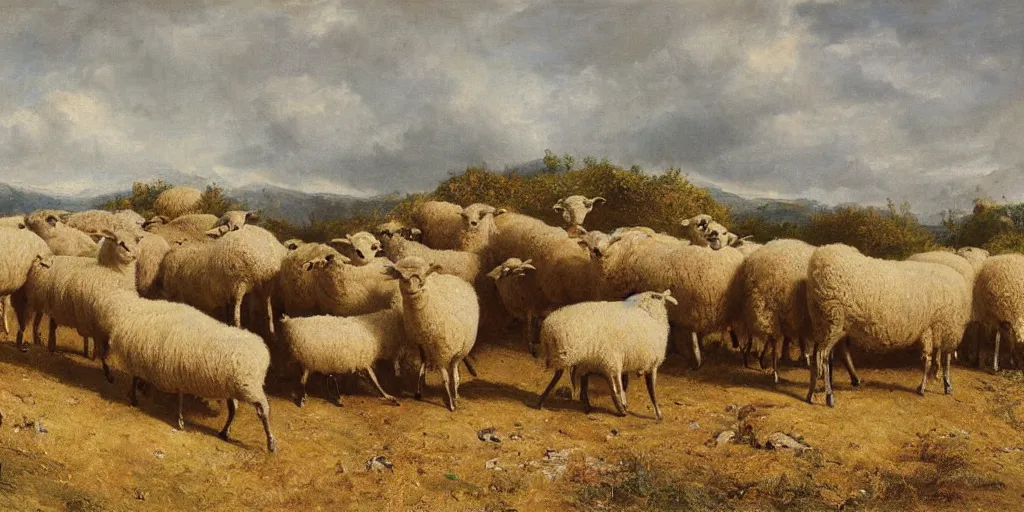 Prompt: artwork by eugene von guerard, max bedulenko, maria fortuny, a herd of sheep