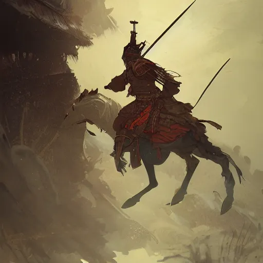 Image similar to A samurai on the battlefield, D&D, fantasy, intricate, cinematic lighting, highly detailed, digital painting, artstation, concept art, smooth, sharp focus, illustration, art by Akihiko Yoshida, Greg Rutkowski and Alphonse Mucha