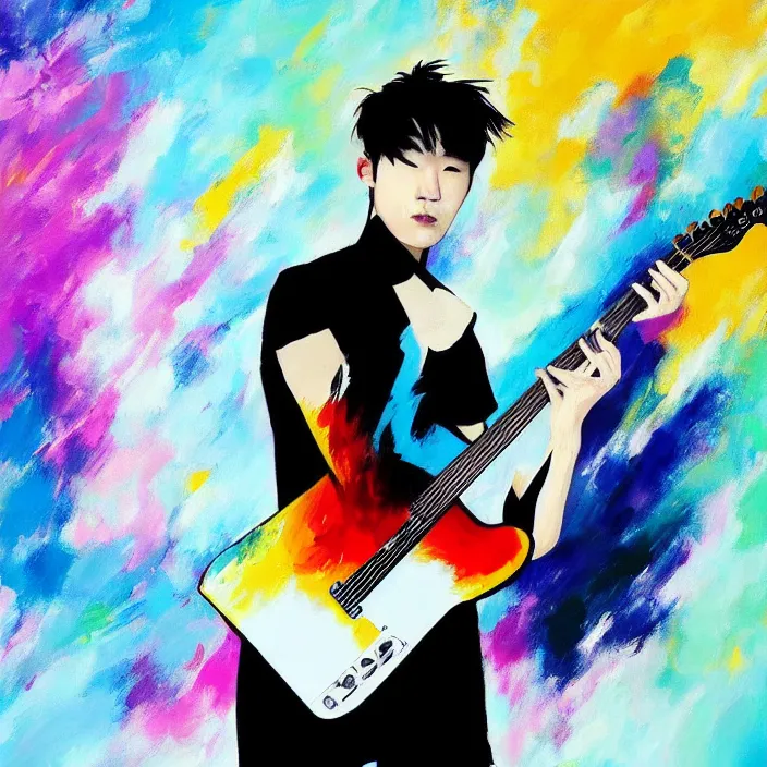 Prompt: abstract, a young korean male musician wearing black tank top holding a telecaster!!! electric guitar!! explodes in abstract, thick flowing dramatic brush strokes, strong wind, white background, matte colors, impressionist, extreme motion, trending on artstation