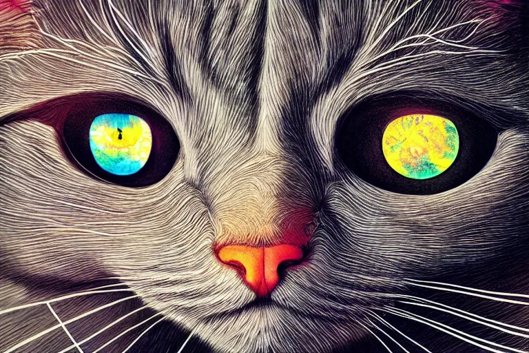 Prompt: portrait of surreal cat with 3rd eye, dmt, trippy, highly detailed, photorealistic, reflections, smooth, sharp focus, concept art, illustration, beautiful, geometric, trending on artstation, cinematic, featured on behance , artwork by WLOP and Tran, Ross