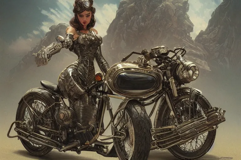 Image similar to 1950 Motorcycle, fantasy, elegant, intricate, highly detailed, digital painting, artstation, concept art, sharp focus, illustration, art by artgerm and greg rutkowski and alphonse mucha