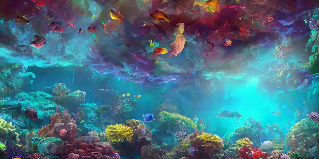 Prompt: mystical underwater shot of a sunken temple, colorful coral reef, filtered diffraction lighting, fish, fantasy digital art, trending on artstation