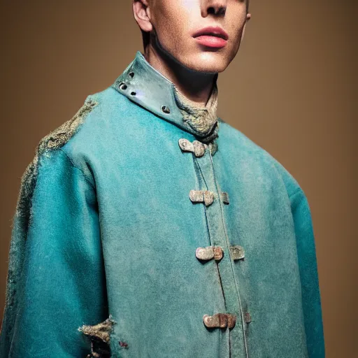Prompt: an award - winning closeup editorial photo of a male model wearing a teal distressed baggy medieval menswear jacket by alexander mcqueen, 4 k, studio lighting, wide angle lens