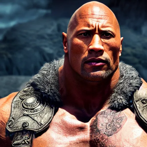 Prompt: Screenshot of Dwayne The Rock Johnson as a Skyrim NPC