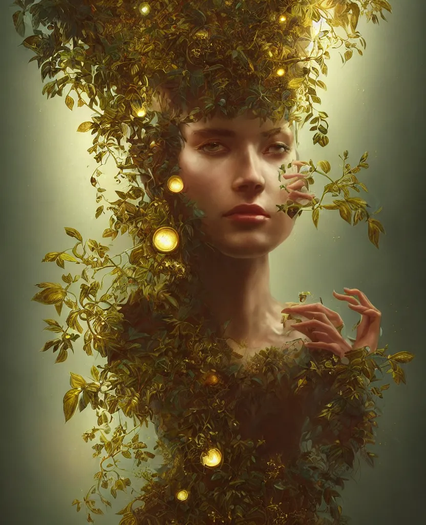 Image similar to hyper realistic photographer looking through a vintage medium format camera, magic pouring from lens, full body pose, design on white background, beautiful details, lush foliage cyberpunk, gold, drawn by john singer sargent, tom bagshaw, norman rockwell, alphonso mucha, lolish, trending on artstation