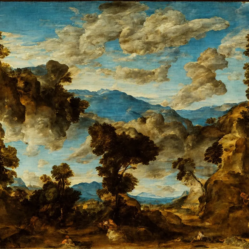Prompt: a Titian painting of a scene inside of a on old church with a sky and mountains with a lake in the background