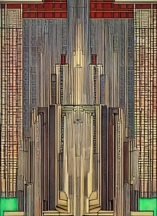 Image similar to isometric artdeco cathedral by frank lloyd wright, isometric, painted by piet mondrian in isometric from above