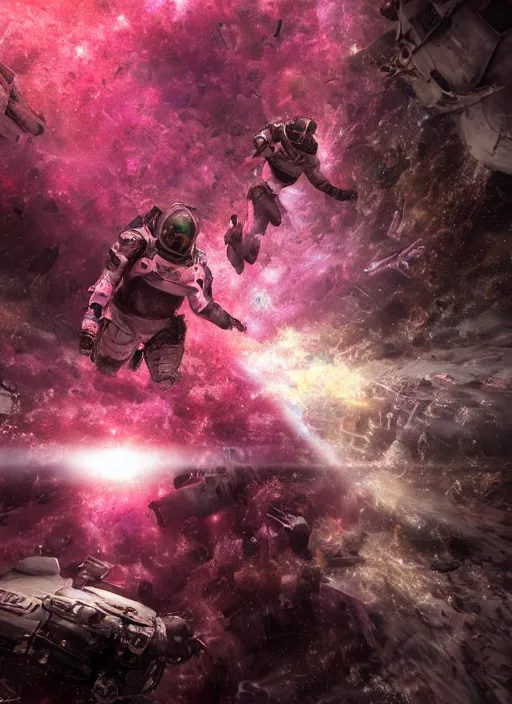 Prompt: concept art by craig mullins infrared complex and hyperdetailed technical pink astronauts floating in futuristic dark and empty spaceship underwater. reflection and dispersion materials. rays and dispersion of light. volumetric light. 5 0 mm, f / 3 2. noise film photo. flash photography. unreal engine 4, octane render. interstellar movie art