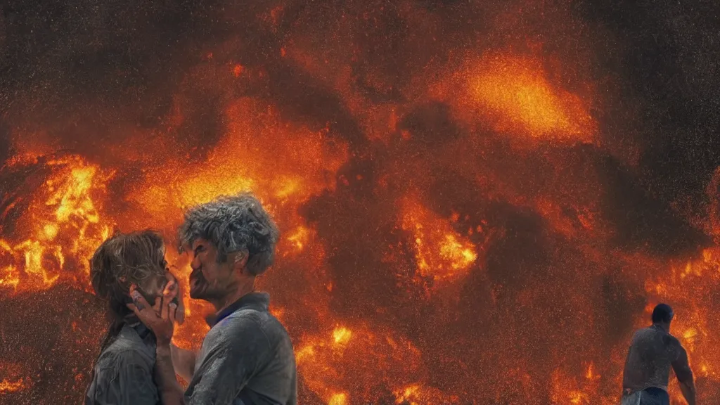 Prompt: a man and his wife embracing during the eruption of pompeii by chuck close, behance, 8k featured in artstation, cinematic,, sharp focus, very detailed, volumentric lighting