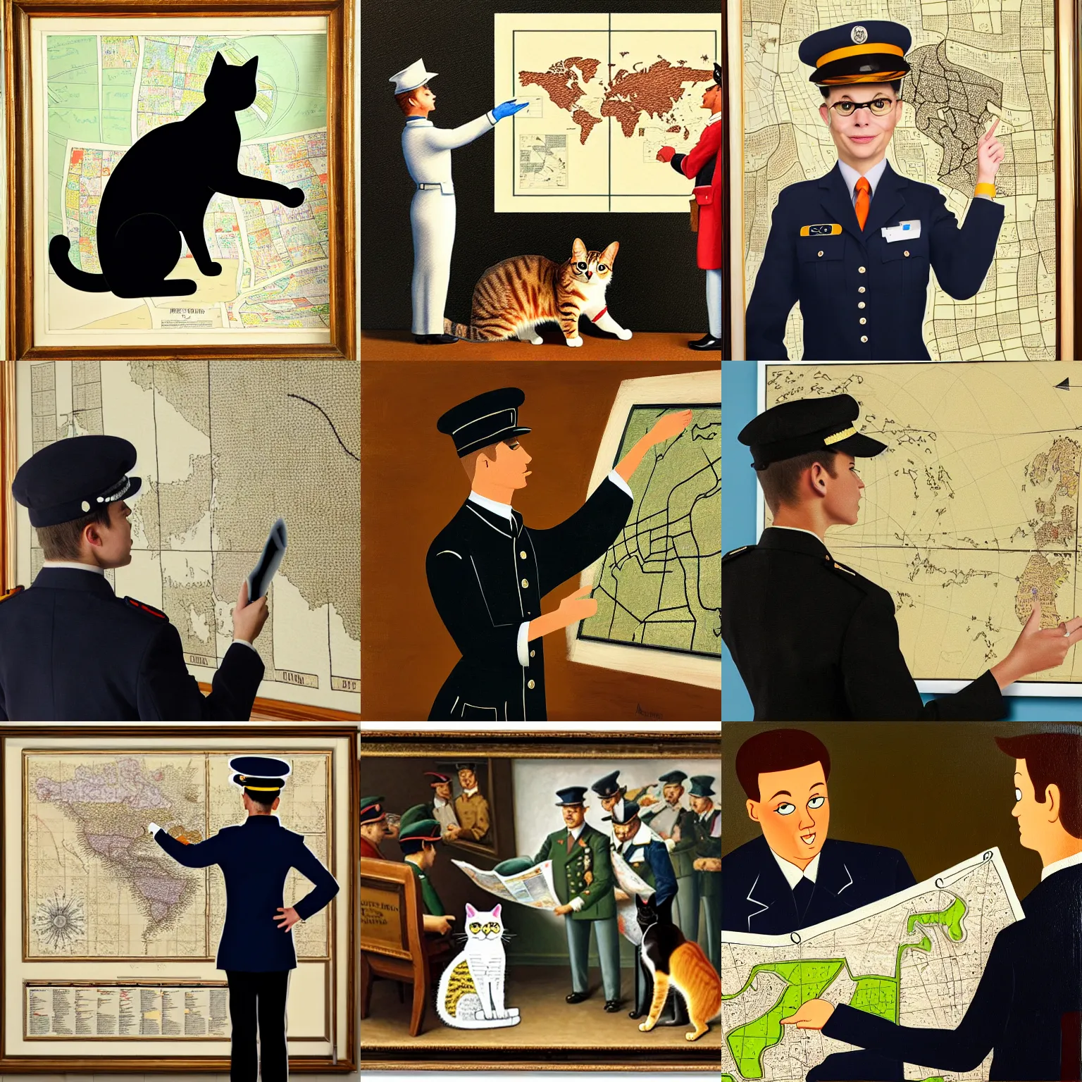 Prompt: a cat in uniform pointing at map giving a briefing oil on canvas