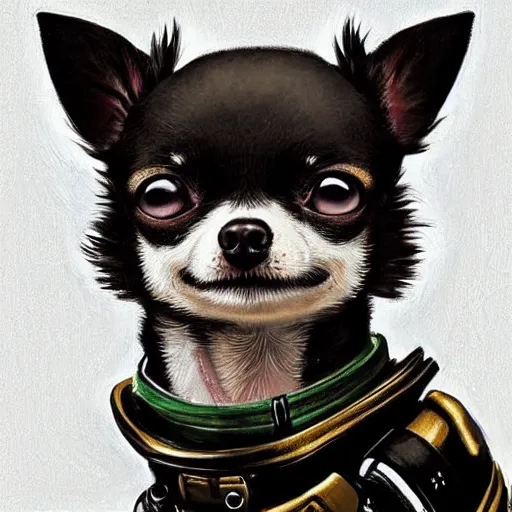 Prompt: cute little anthropomorphic Chihuahua Terrier dog mix cyberpunk mercenary wearing a dark futuristic clothing, tiny, small, miniature Chihuahua baby animal, dog baby animal, short, cute and adorable, pretty, scifi, science fiction, neon, noir,, Cyberpunk character art portrait, futuristic painting, DeviantArt Artstation, by Paul Chadeisson by Jason Felix by Steve Argyle by Vergil Hoo by Peter Mohrbacher, cinematic lighting