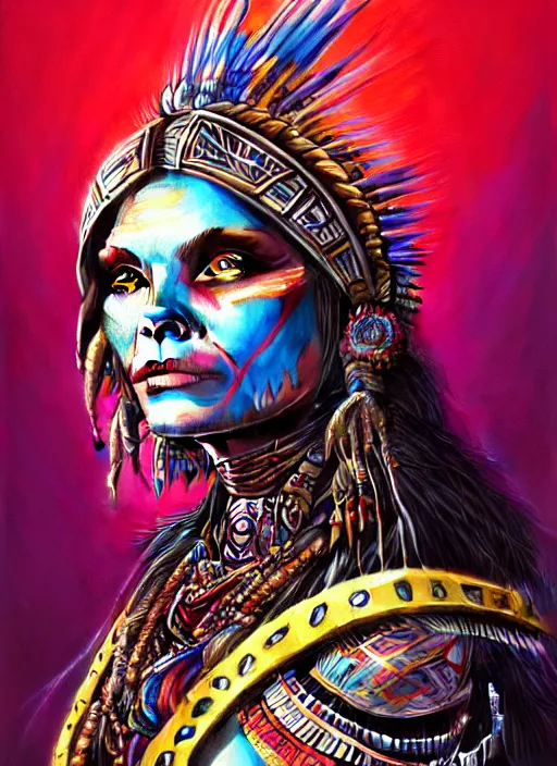 Image similar to portrait of michelle pfeiffer, hyper detailed ultra sharp aztec shaman warrior. trending on artstation, warpaint aesthetic, bloodwave, colorful, psychedelic, ornate, intricate, digital painting, concept art, smooth, sharp focus, illustration, art by artgerm and greg rutkowski and h. r. giger, 8 k