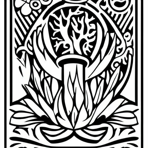 Prompt: a simplified black and white vector based illustration about a garden that grows a suit of armor, created in Adobe illustrator and Coreldraw, in the style of art nouveau and classic tattoos, black ink shading on white background, smooth and clean vector curves, no jagged lines, vinyl cut ready