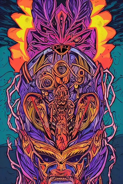 Image similar to totem animal mask tribal feather gemstone plant wood rock shaman vodoo video game vector illustration vivid multicolor borderlands comics by josan gonzales and dan mumford radiating a glowing aura