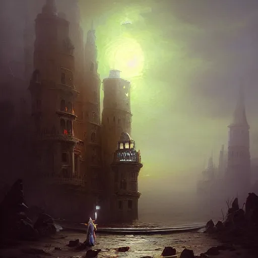Image similar to a beautiful painting of a dark souls buildings by ivan aivazovsky and rhads and greg rutkowski and james gurney, in style of digital art, large crystal pillar, magic, mystic, hyper detailed, sharp focus, soft light. octane render. ray tracing. trending on artstation