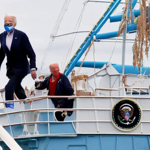 Image similar to Joe Biden as a pirate chasing his parrot on the main ship deck.