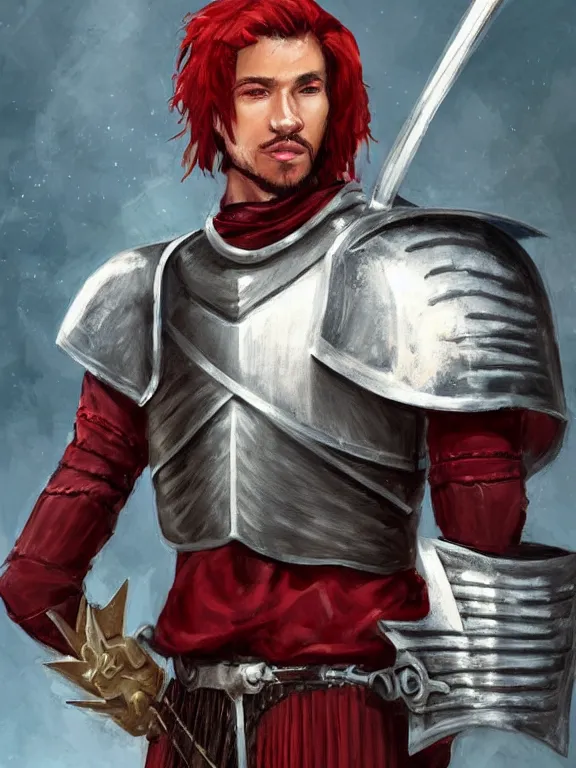 Prompt: cedric cromwell, solo male knight, young adult, short straight red hair, red hair, red hair, green eyes, darkskinned ethiopian african skin, elaborate steel armor, longbow, clear symmetrical eyes, a male dnd knight's portrait, clear eyed, realistic, by brian patterson and rhads!!!, palette knife background