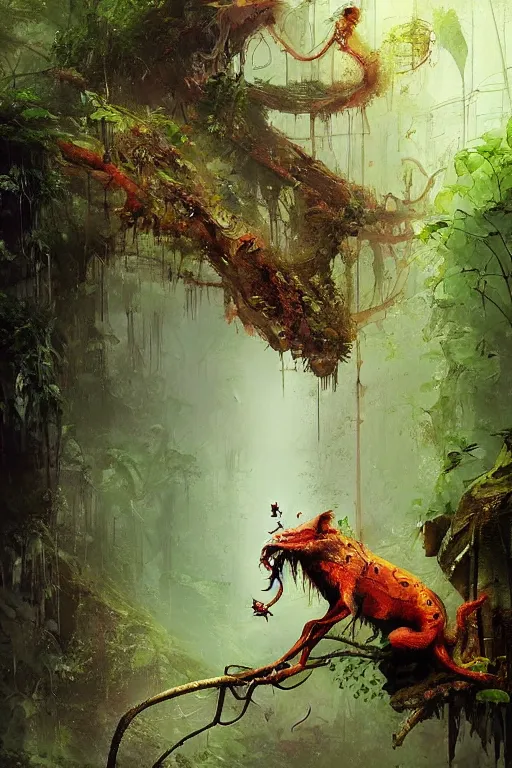 Prompt: fear not the creatures of the jungle but those that lurk within your mind., by ryohei hase, by john berkey, by jakub rozalski, by john martin