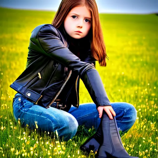 Image similar to young girl lies on a meadow, she wears leather jacket, jeans and knee high black boots, sharp focus, photo taken by nikon, 4 k,