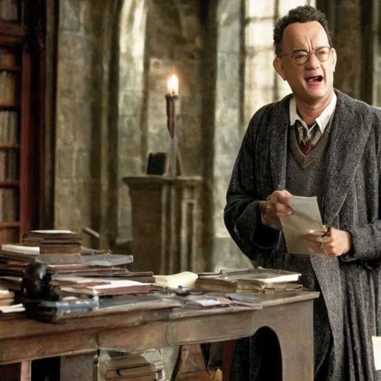 Image similar to Tom Hanks as a professor in Harry Potter, film still