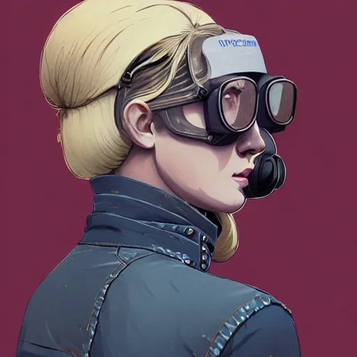 Image similar to tattooed stoic heroic emotionless butch blonde woman aviator with short slicked - back hair, wearing dark - lensed victorian goggles, wearing distressed dirty ripped flight suit, moebius, rough paper, behance hd by jesper ejsing, by rhads, makoto shinkai and lois van baarle, ilya kuvshinov, rossdraws global illumination.