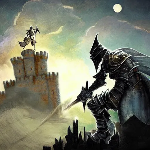 Prompt: A knight from Dark Souls, fighting a fire breathing PopTart, on top of a castle, under a full moon