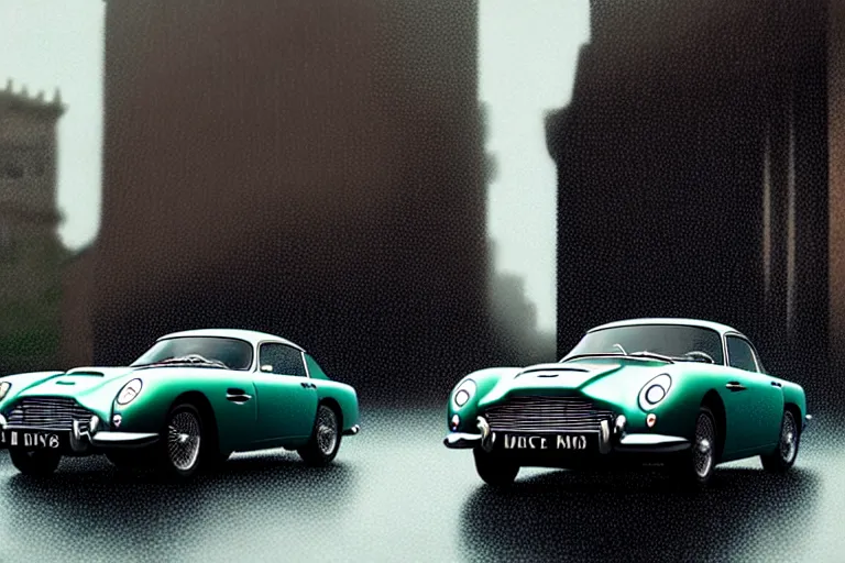 Image similar to a wholesome animation key shot of one focused aston martin db 5, dynamic, on a wet london street, raining, wide shot, studio ghibli, pixar and disney animation, sharp, very detailed, high resolution, rendered in unreal engine 5, anime key art by greg rutkowski, overcast lighting, dark