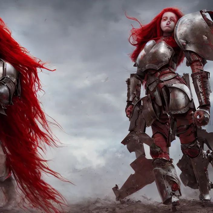 Image similar to a girl with a long red hair wearing a full-body red plate armor screaming in a battlefield, anatomically correct, hyperrealistic, concept art, octane render, unreal engine 5, 8K HDR, highly detailed, high quality, fantasy armor