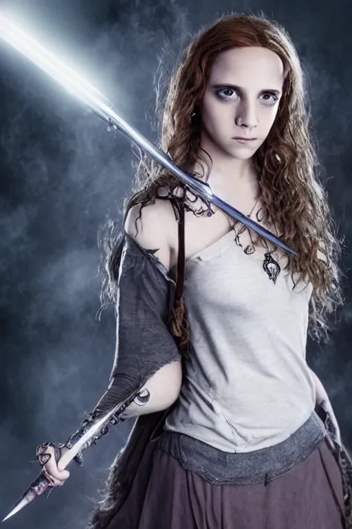 Image similar to dressed Hermione Granger in tattoos with a magic wand, by luis royo, beautiful eyes, by Aggi Erguna, top cinematic lighting, cinematic mood, hyperrealism, high detail