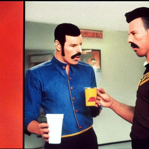 Prompt: Freddy Mercury talking to Heisenberg in a Taco Bell