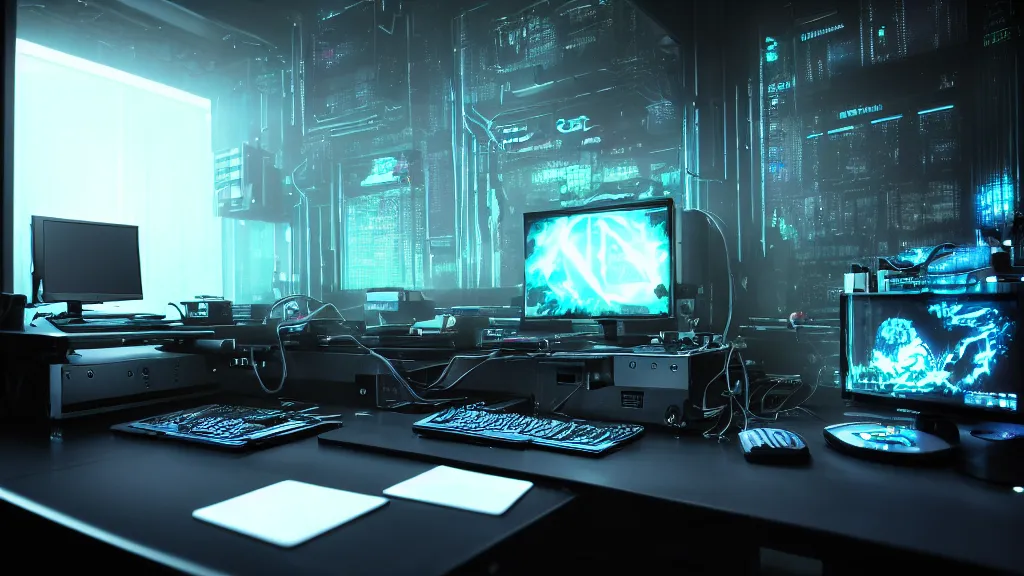 Image similar to a cyberpunk overpowered computer. Overclocking, watercooling, custom computer, cyber, mat black metal, alienware, futuristic design, desktop computer, desk, home office, whole room, minimalist, Beautiful dramatic dark moody tones and lighting, Ultra realistic details, cinematic atmosphere, studio lighting, shadows, dark background, dimmed lights, industrial architecture, Octane render, realistic 3D, photorealistic rendering, 8K, 4K, computer setup, highly detailed