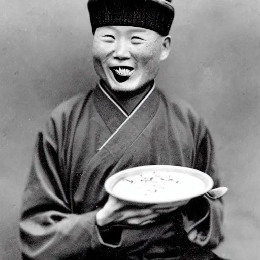 Image similar to a photo of a ecstatic man from qing empire eating a hamburger, award winning photo, high quality