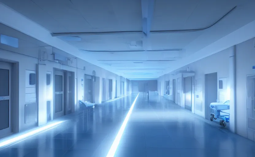 Image similar to a hospital with soft blue lights in the roof, octane render, artstation trending, highly detailded