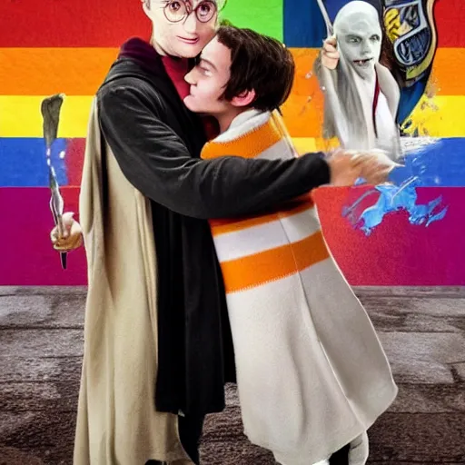 Prompt: harry potter hugs voldemort pride flag in background