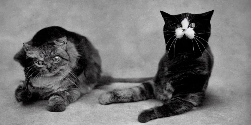 Image similar to an old black and white vintage film photo from 1890, a Tec support cat, funny, silly,