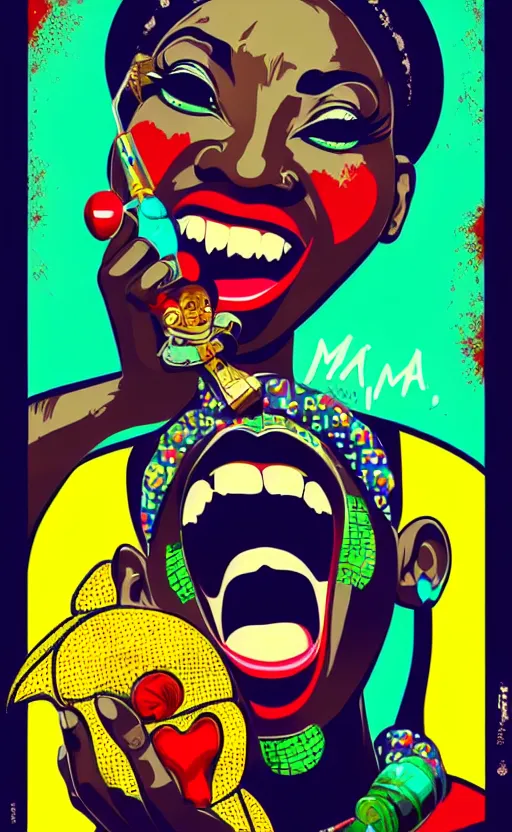 Prompt: mama africa laugh at her child!!! pop art, pixel, bioshock, gta chinatown, artgerm, richard hamilton, mimmo rottela, julian opie, aya takano, intricate