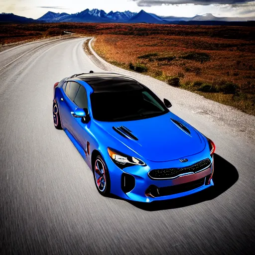 Image similar to kia stinger gt driving towards mount doom | eye of sauron watching over in the background | wide angle photograph | high resolution