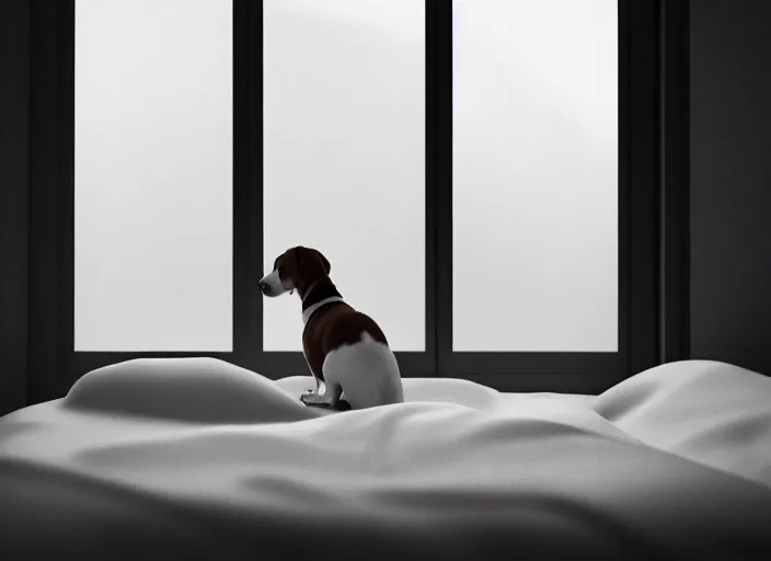 Image similar to photography of a Jack Russel watching outside the window on a bed in a 3d rendered white room, octane render, 3d, foggy, volumetric light, volumetric fog, photorealistic, unreal engine 5