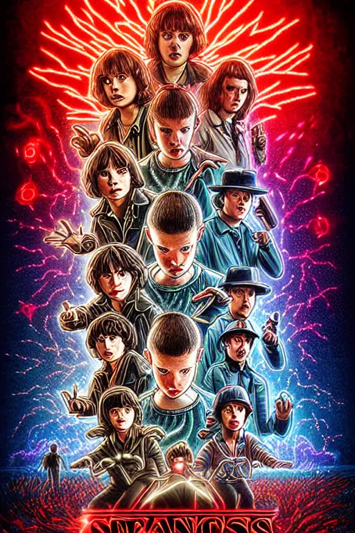 Image similar to Poster for the 5th season of Stranger Things, Demons, horror, pure evil, Series on Netflix, disaster, Hawkins, Vecna, Movie poster, poster, design, illustrative, Symmetry, Symmetrical, Border, Framed