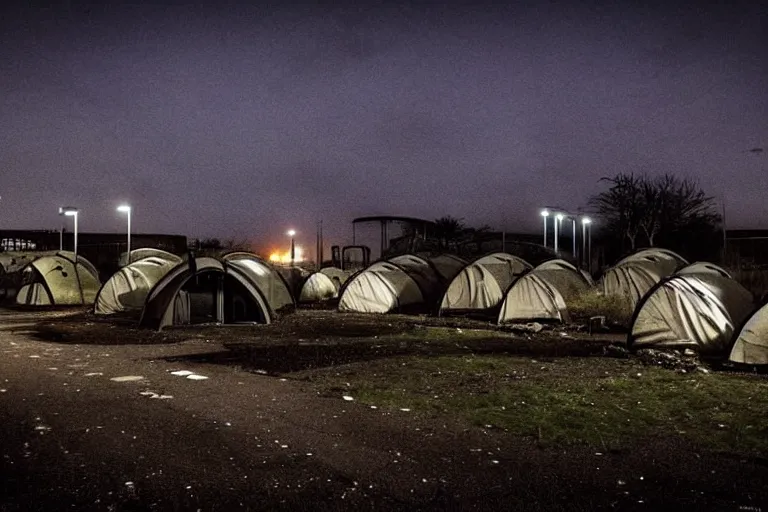 Prompt: post apocalyptic over grown leisure centre being used as shelter, night!!!! dusk, evening, dark, barrel fires and tents, low light