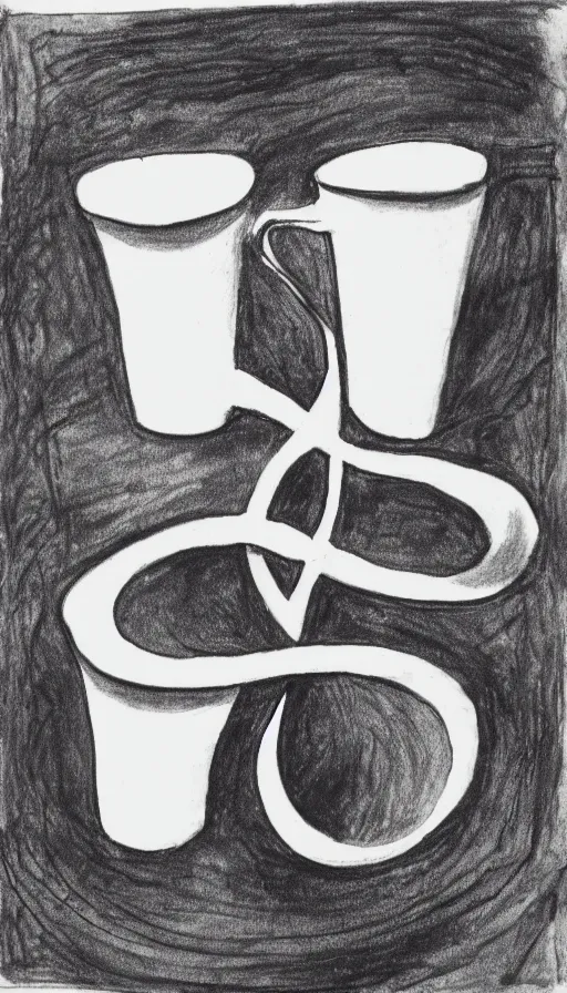 Prompt: ink drawing of 2 cups with infinity symbol