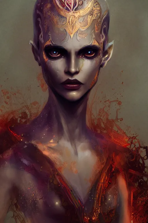 Image similar to djinn man demon, fashion photography, portrait, full body character concept art, costume design, illustration, symmetrical face and body, single face, cinematic color grading, editorial photo, fashion, hyperrealism, trending on artstation, Charlie Bowater, WLOP