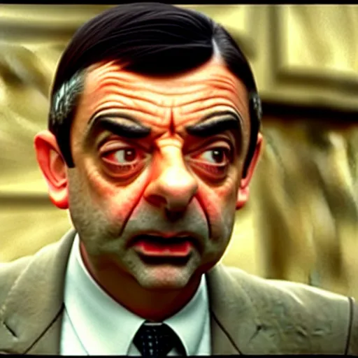 Image similar to rowan atkinson as mr. beans stealing a pineapple from a target store, johnny english, black adder, focused face, realistic photo, uhd