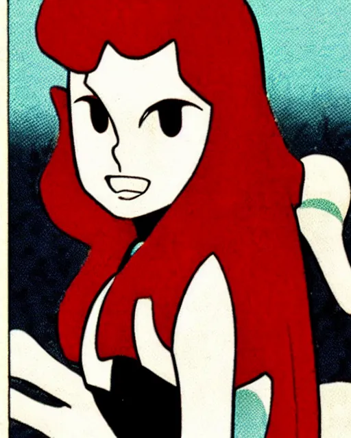 Prompt: style of osamu tezuka : : gorgeous vampire amy adams : : sharp teeth fangs, open mouth sneer : : symmetrical face, symmetrical eyes : : gorgeous red hair : : magic lighting, low spacial lighting : :