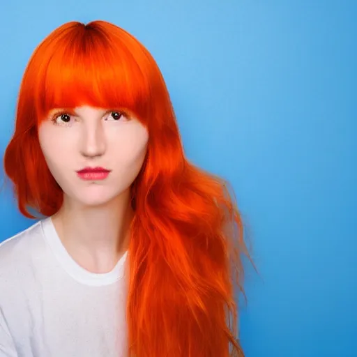 Image similar to Pretty face orange hair, light blue background, 8k, award-winning photorealistic